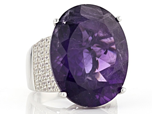 Pre-Owned 20.00ct Oval African Amethyst With 0.75ctw Round White Zircon Rhodium Over Sterling Silver - Size 6