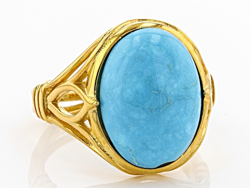 Pre-Owned  12X16mm Oval Sleeping Beauty Turquoise Solitaire 18k Gold Over Silv - Size 9