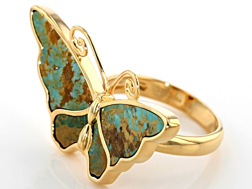 Pre-Owned Tehya Oyama Turquoise™ Green Kingman Turquoise Inlay 18K Yellow Gold Over Silver Butterfly - Size 7