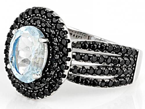 Pre-Owned 1.50ct Oval Aquamarine With 1.30ctw Round Black Spinel Sterling Silver Ring - Size 9