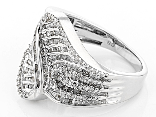 Pre-Owned 1.00ctw Round And Baguette White Diamond Rhodium Over Sterling Silver Ring - Size 6