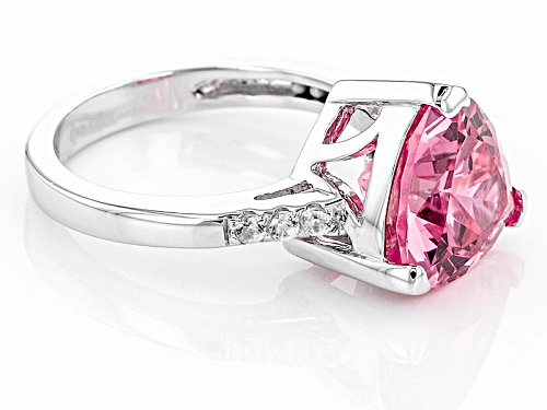 Pre-Owned 4.40ct Trillion Lab Created Pink Yag With .11ctw Round White Zircon Sterling Silver Ring - Size 6