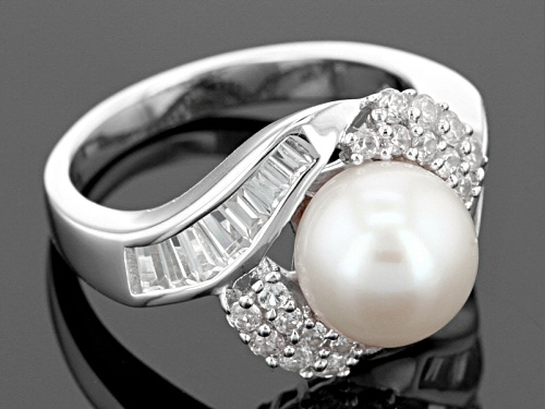 Pre-Owned 9-9.5mm Cultured Freshwater Pearl & 1.43ctw Round & Baguette White Zircon Rhodium Over Sil - Size 4