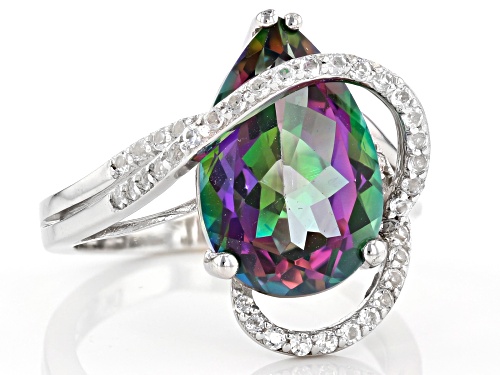 Pre-Owned 5.68ct Pear Shape Mystic Fire(R) Green Topaz & .53ctw White Topaz Rhodium Over Silver Cros - Size 7