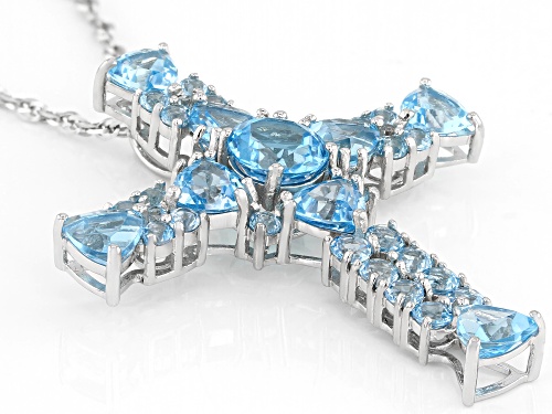 Pre-Owned 11.22ctw Round & Trillion Swiss Blue Topaz Rhodium Over Silver Cross Pendant With Chain