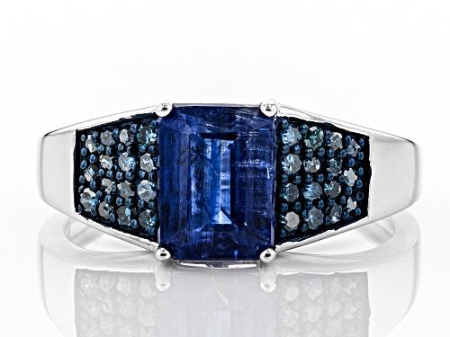Pre-Owned 1.77ct Emerald Cut Kyanite With .20ctw Round Blue Diamonds Rhodium Over Silver Ring - Size 7