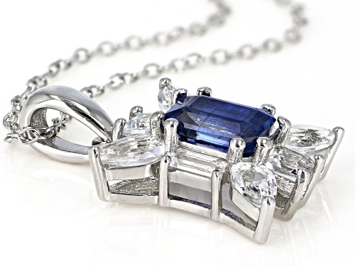 Pre-Owned 1.02ct Emerald Cut Kyanite & 1.35ctw Mixed White Topaz Rhodium Over Silver Pendant with Ch