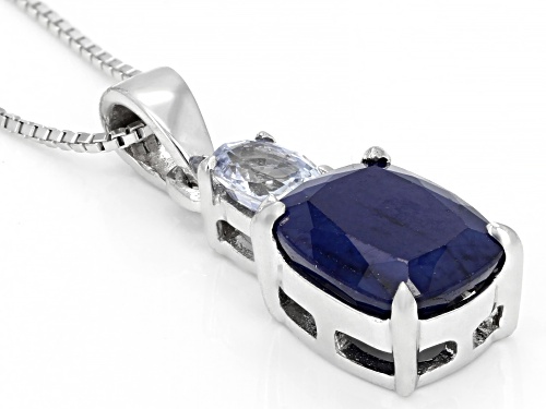 Pre-Owned 3.40ct Cushion Blue Sapphire & .46ct Oval White Sapphire Rhodium Over Silver Pendant with