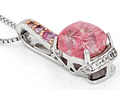 Pre-Owned 8mm Thulite with .12ctw Pink Sapphire & .13ctw Zircon Rhodium Over Sterling Silver Pendant