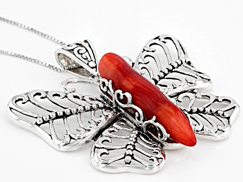 Pre-Owned Pacific Style™ 30x8.5mm Free-Form Red Coral Rhodium Over Silver Butterfly Pendant With Cha