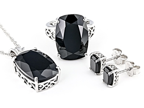 Pre-Owned 44.39ctw Rectangular Cushion Black Spinel Sterling Silver Ring, Pendant With Chain And Ear