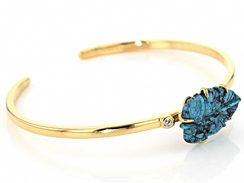 Pre-Owned Tehya Oyama Turquoise™  Kingman Turquoise Leaf & .16ct White Topaz 18K Gold Over Silver Cu - Size 7.5
