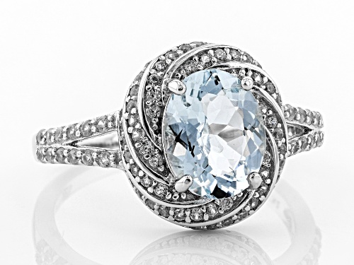 Pre-Owned 1.70ct Oval Aquamarine With .85ctw Round White Zircon Rhodium Over Sterling Silver Ring - Size 7