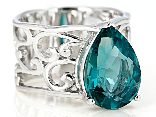 Pre-Owned 5.52CT PEAR SHAPE TEAL FLUORITE RHODIUM OVER STERLING SILVER SOLITAIRE RING - Size 9