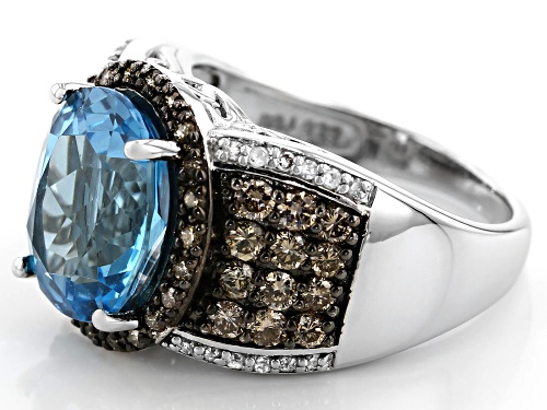 Pre-Owned 5.10ct Swiss Blue Topaz with 1.03ctw Champagne & White Diamond Rhodium Over Sterling Silve - Size 6