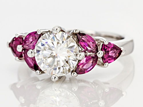 Pre-Owned MOISSANITE FIRE® 1.90CT DEW ROUND AND .72CTW MARQUISE RHODOLITE GARNET PLATINEVE™ RING - Size 6