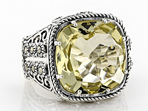 Pre-Owned 9.71ct square cushion canary yellow quartz with round marcasite sterling silver ring - Size 6