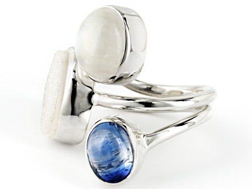 Pre-Owned Artisan Gem Collection Of India, Cabochon Moonstone, White Drusy And Kyanite Silver 3-Ston - Size 5