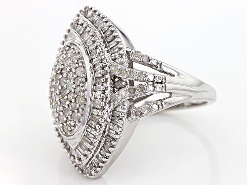 Pre-Owned 2.00ctw Round And Baguette White Diamond Rhodium Over Sterling Silver Cluster Ring - Size 5