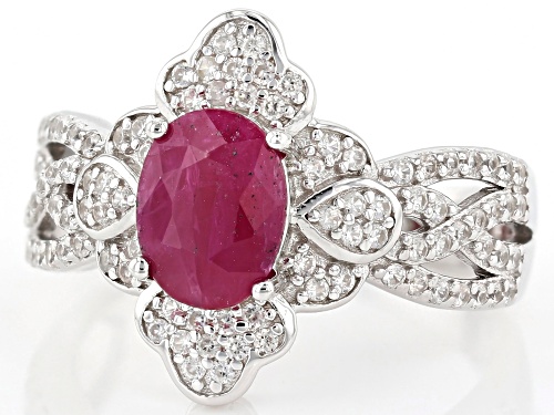Pre-Owned 1.00CT OVAL BURMA RUBY WITH .76CTW ROUND WHITE ZIRCON RHODIUM OVER SILVER RING - Size 8