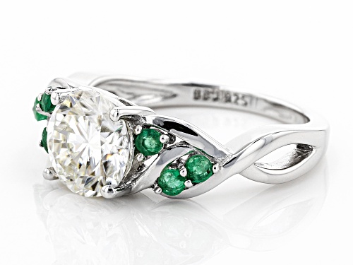 Pre-Owned Moissanite Fire® 1.90ct Dew Round And .24ctw Round Zambian Emerald Platineve® Ring - Size 9