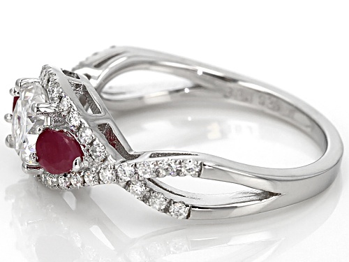 Pre-Owned Moissanite Fire® 1.18ctw Dew Round And Pear Shape .40ctw Ruby Platineve™ Ring - Size 11