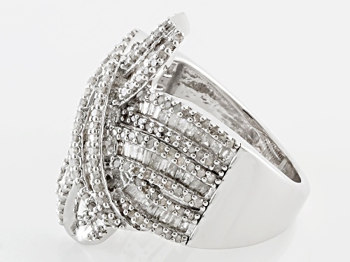 Pre-Owned 1.65ctw Baguette And Round White Diamond Rhodium Over Sterling Silver Crossover Ring - Size 5