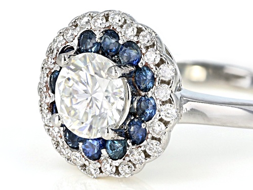 Pre-Owned Moissanite Fire® 1.24ctw Dew With .54ctw Blue Sapphire Platineve® Ring - Size 10