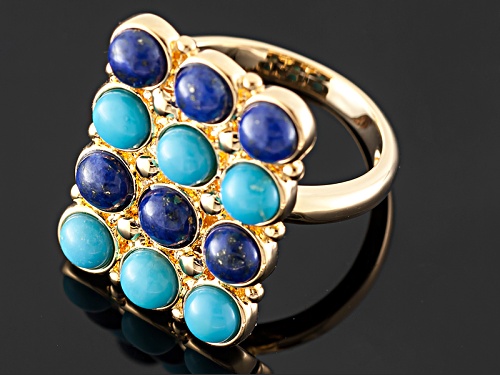 Pre-Owned  Round Blue Kingman Turquoise And Round Lapis 18k Gold Over Brass Ri - Size 12
