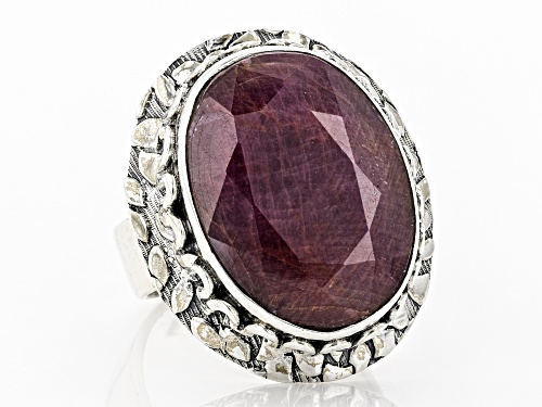 Pre-Owned 16.52CT OVAL INDIAN RUBY SOLITAIRE STERLING SILVER RING - Size 10