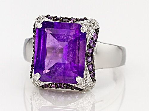 Pre-Owned 5.60ctw Emerald Cut And Round African Amethyst With .01ctw Round White Topaz Silver Ring - Size 11