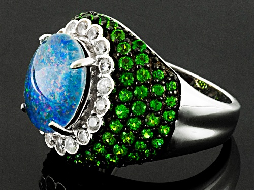 Pre-Owned Oval Opal Triplet With 1.76ctw Chrome Diopside With .82ctw White Zircon Silver Ring - Size 5