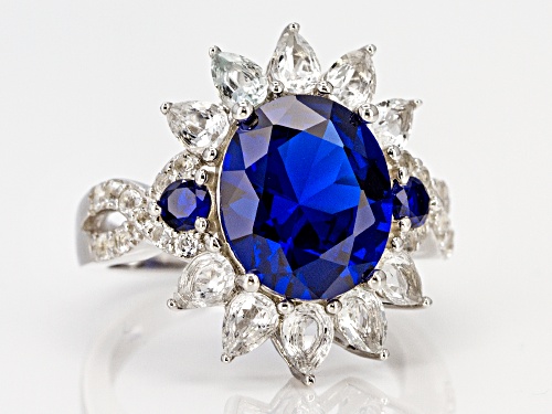 Pre-Owned 4.37CTW LAB CREATED BLUE SPINEL AND 1.85CTW WHITE TOPAZ RHODIUM OVER SILVER RING - Size 8