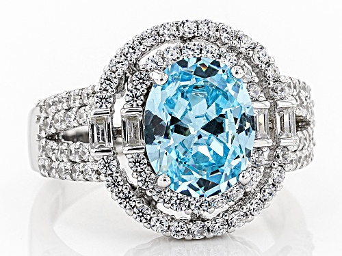 Pre-Owned Bella Luce®6.24ctw Aquamarine and White Diamond Simulants Rhodium Over Sterling Ring - Size 7
