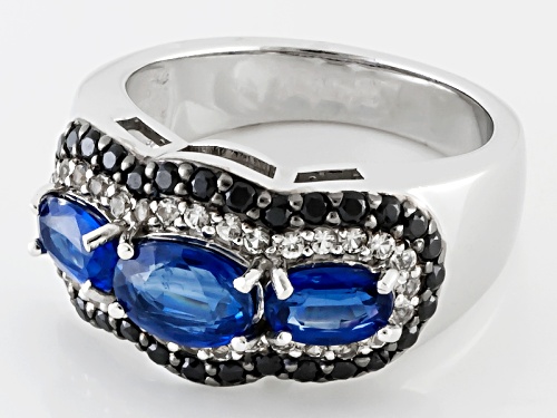 Pre-Owned 1.94ctw Oval Kyanite, .20ctw Round White Topaz, And .41ctw Black Spinel Sterling Silver Ri - Size 5