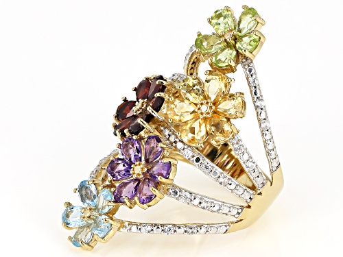 Pre-Owned 4.26ctw Multi-Gemstone with .36ctw White Zircon 18k Yellow Gold Over Sterling Silver Flora - Size 6