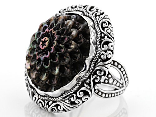 Pre-Owned Artisan Collection Of Bali™ Carved Black Mother Of Pearl Flower Sterling Silver Solitaire - Size 7