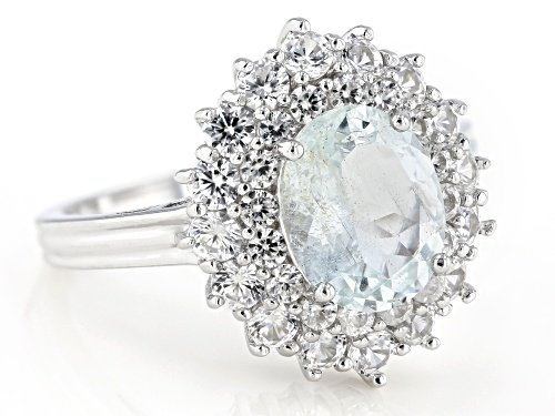 Pre-Owned 2.15CT OVAL BRAZILIAN AQUAMARINE WITH 2.35CTW ROUND WHITE ZIRCON RHODIUM OVER SILVER RING - Size 7