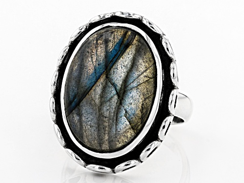 Pre-Owned 18X13MM OVAL CABOCHON LABRADORITE SILVER SOLITAIRE RING - Size 6