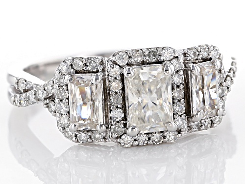 Pre-Owned Moissanite Fire® 1.88ctw Diamond Equivalent Weight Radiant Cut And Round, Platineve™ Ring. - Size 5