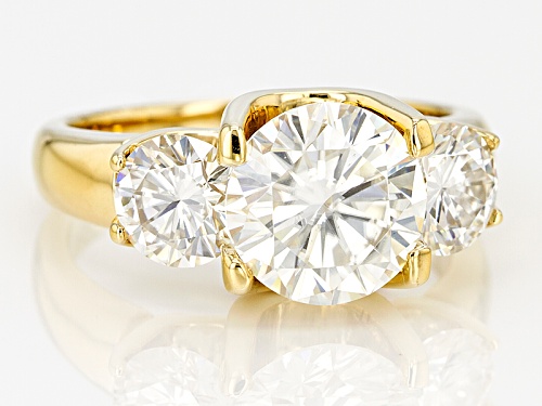 Pre-Owned Moissanite Fire® 4.30ctw Dew Round 14k Yellow Gold Over Sterling Silver 3 Stone Ring - Size 4