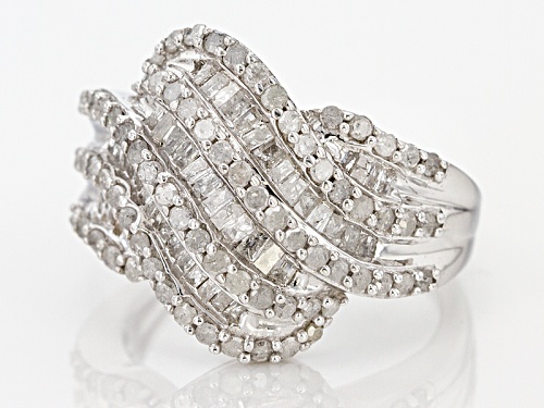 Pre-Owned 1.45ctw Round And Baguette White Diamond Rhodium Over Sterling Silver Ring - Size 5