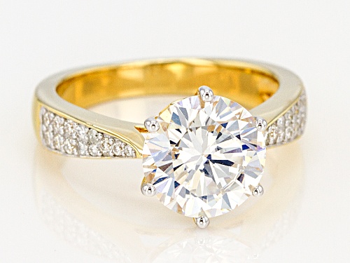 Pre-Owned Moissanite Fire® 3.36ctw Dew Round 14k Yellow Gold Over Silver Ring - Size 5