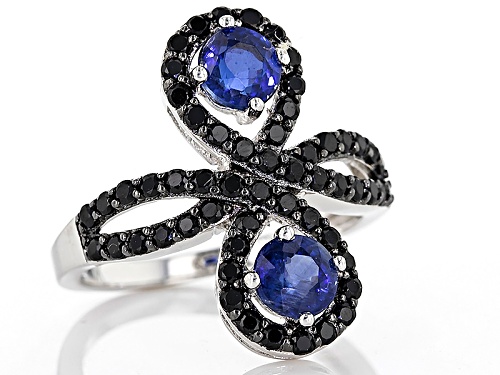 Pre-Owned 1.08ctw Round Nepalese Kyanite With 1.17ctw Round Black Spinel Sterling Silver Ring - Size 5