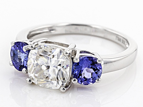 Pre-Owned Moissanite Fire® 2.00ct Dew Cushion Cut And 1.04ctw Round Tanzanite Platineve™ Ring - Size 8