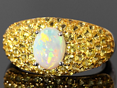 Pre-Owned .70ct Oval Ethiopian Honey Opal With 2.50ctw Round Yellow Sapphire Sterling Silver Ring - Size 11
