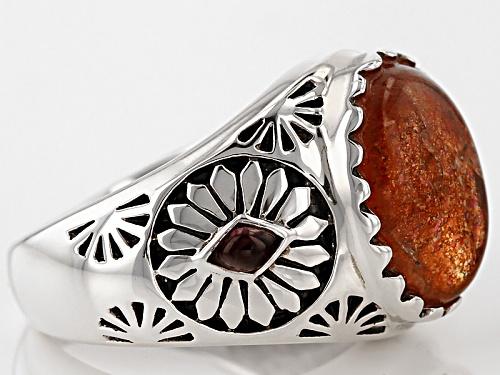 Pre-Owned Southwest Style By Jtv™ 14x10mm Oval Sunstone And .17ctw Vermelho Garnet™ Sterling Silver - Size 5