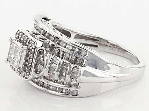 Pre-Owned .65ctw Round Baguette And Princess Cut White Diamond Rhodium Over Silver Quad Ring - Size 5