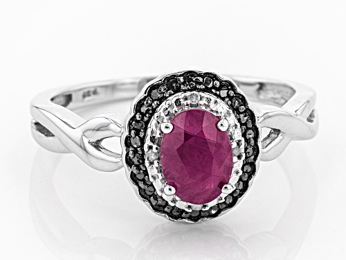 Pre-Owned .75CT OVAL RUBY, .01CTW 4 WHITE DIAMOND ACCENT, .07CTW BLACK DIAMOND ACCENT RHODIUM OVER S - Size 7