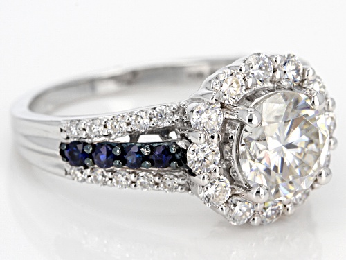 Pre-Owned Moissanite Fire® 3.02ctw Dew And .32ctw Blue Sapphire Platineve™ Ring - Size 7